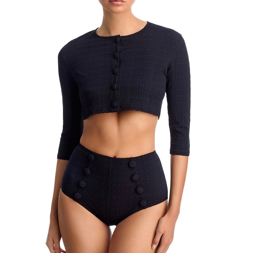 Lisa Marie Fernandez Black Seersucker Cropped Cover-Up Cardigan 2026CORE Size M